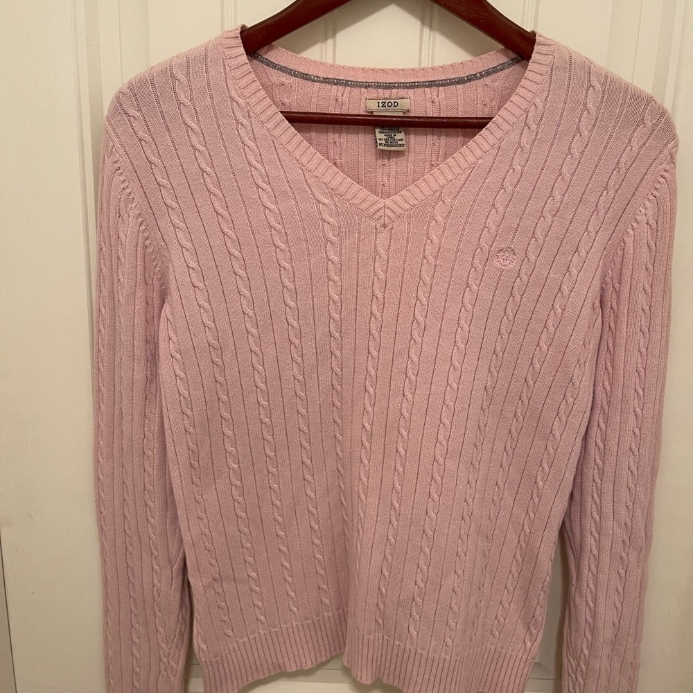 Izod Womens Pink Cable Knit V-Neck Sweater L/G 100% Cotton